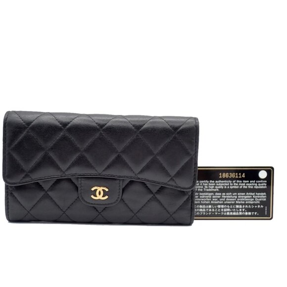 CHANEL CC Logo Matelasse Long Trifold Wallet Leather Black GHW Italy 70RF461 - Picture 1 of 16